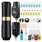 Tattoo Gun Kit Wireless Tattoo Machine Pen Kit with 2 Batteries 16 Cartridge Needles 7 Ink Colors for Complete Rotary Tattoo Supply HW-TK1005-1
