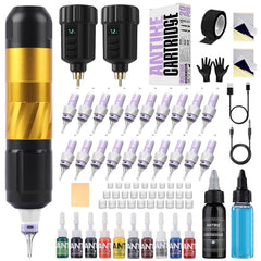 ANTIKE Wireless Tattoo Kit Complete Pro Tattoo Gun Kit with 2 Pcs LCD Tattoo Battery * 1500mAh, 20PCS Tattoo Cartridge Needles, Tattoo Color Ink Set AK-TK3001-9