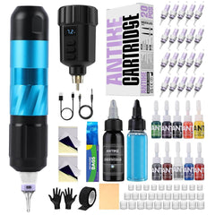 ANTIKE Wireless Tattoo Kit Complete Pro Tattoo Gun Kit with 1500mAh LCD Tattoo Battery, 20PCS Tattoo Cartridge Needles, Tattoo Color Ink Set AK-TK3002-3