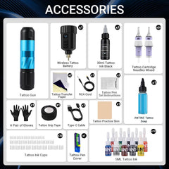 ANTIKE Wireless Tattoo Kit Complete Pro Tattoo Gun Kit with 1500mAh LCD Tattoo Battery, 20PCS Tattoo Cartridge Needles, Tattoo Color Ink Set AK-TK3002-3