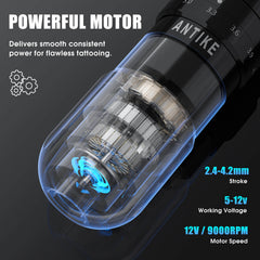 ANTIKE Cordless Tattoo Gun Kit with 7 Adjustables Strokes and 2 pcs * 1600 mAh Tattoo Batteries,Tattoo Kit Complete with Needles Cartridges, Inks and Tattoo Accessories AK-TKE551A-1