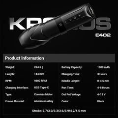 Wireless Tattoo Machine with Adjustable Stroke-Rotary Cartridge Tattoo Machine Pen Gun with Extra 1900mAh Battery Color LCD Display Coreless Motor for Professionals Tattoo Artist CNC-M2-E402-1