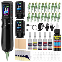 E751 Complete Tattoo Pen Kit for Beginners, Cordless Tattoo Gun Featuring 7 Adjustable Stroke Lengths, Dual 1600mAh Batteries, Tattoo Needles, Ink, Transfer Paper & Grip Cover