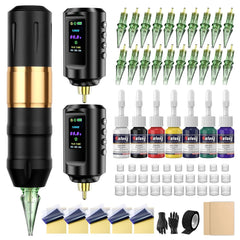 Gold 7 Strokes LED Tattoo Machine Kit Dual 1800mAh Batteries 20 Cartridge Needles EF-TKP752A-9