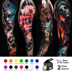 HAWINK Tattoo Ink Set 1OZ 14 Colors Ink and 2 Color Mixing Solution Upgraded Version Tattoo Supply TI205-30-16