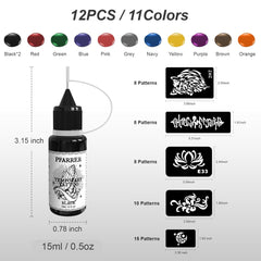 PFARRER Temporary Tattoo Kit12 Bottles Color Temporary Tattoo Ink,49 Big Pcs Stencils Kit for Body Paint DIY Fake Tattoos for Kids(Black*2,Red,Green,Blue,Pink,Grey,Navy,Yellow,Purple,Brown,Orange)