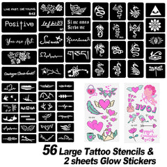PFARRER Temporary Tattoo Markers for Skin, 15 Body Markers + 56 Large Tattoo Stencils & 2 sheets Glow Stickers for Kids and Adults, Dual-End Tattoo Pens with Bold and Fine Lines safty inkZYH2310001KIT