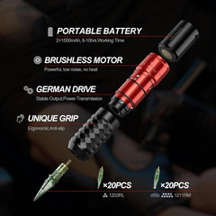 Tattoo Gun,Solong Tattoo Gun Kit Professional 2 Batteries 7 Strokes Wireless Tattoo Kit 6500Rpm Brushless Motor Digital LED Display Tattoo Machine with 20Pcs Tattoo Needles SLE75KIT-1-US