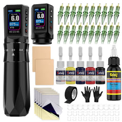 Tattoo Gun Kit Tattoo Machine 7 Strokes Length Kit with 2 * 1600mAh Batteries，20PCS Pro Tattoo Cartridge Needles, Complete Tattoo Set Black EF-TKE751A-1