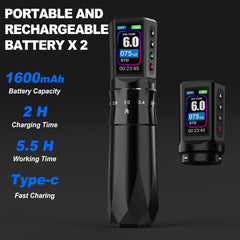 Tattoo Gun Kit Tattoo Machine 7 Strokes Length Kit with 2 * 1600mAh Batteries，20PCS Pro Tattoo Cartridge Needles, Complete Tattoo Set Black EF-TKE751A-1