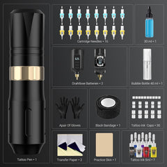 Tattoo Gun Kit Wireless Tattoo Machine Pen Kit with 2 Batteries 16 Cartridge Needles 7 Ink Colors for Complete Rotary Tattoo Supply HW-TK1005-1