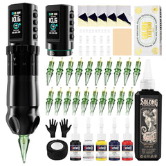 Solong E201 Pro Cordless Tattoo Gun Kit with 7 Strokes Length,Dual 1800mAh Power Batteries and 100ML Tattoo Ink Mechanical Tattoo Machine for Artists & Beginners SL-TKE201A-1-US