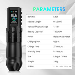 Solong E201 Pro Cordless Tattoo Gun Kit with 7 Strokes Length,Dual 1800mAh Power Batteries and 100ML Tattoo Ink Mechanical Tattoo Machine for Artists & Beginners SL-TKE201A-1-US